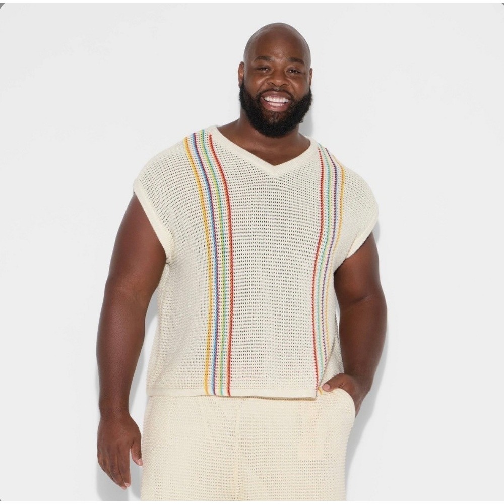 Target Pride Rainbow Striped Open Knit V-Neck Sweater Vest Ivory 1X NEW